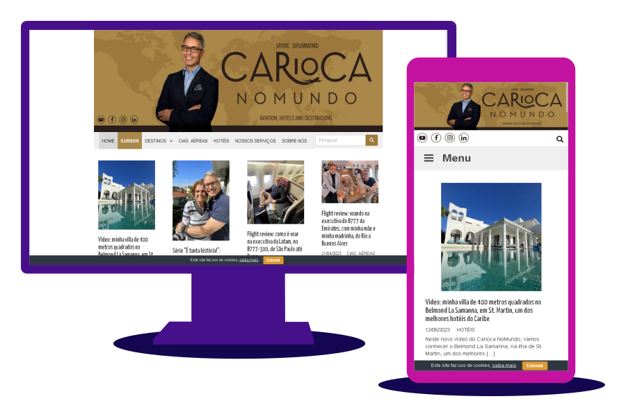 Captura de tela do site Carioca No Mundo, com prévia de layout das versões desktop e mobile