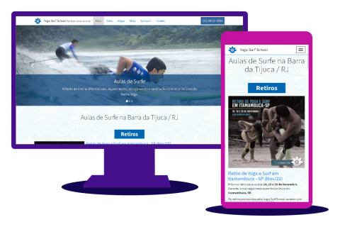 Captura de tela do site Yoga Surf School com prévia de layout das versões desktop e mobile