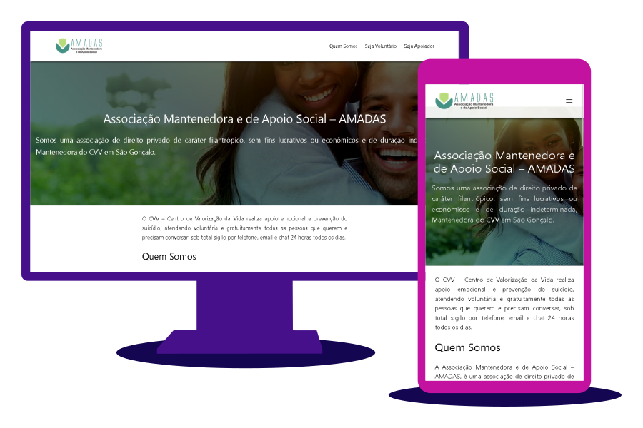 Captura de tela do site da ONG CVV AMADAS São Gonçalo, com prévia de layout das versões desktop e mobile