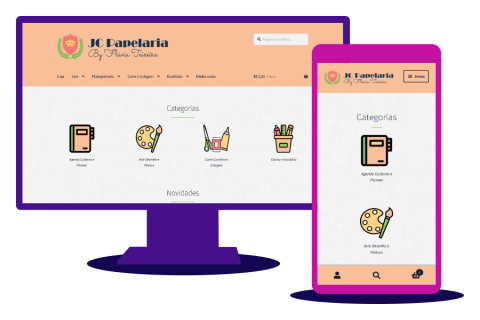 Captura de tela da Loja Virtual JC Papelaria, com prévia de layout das versões desktop e mobile